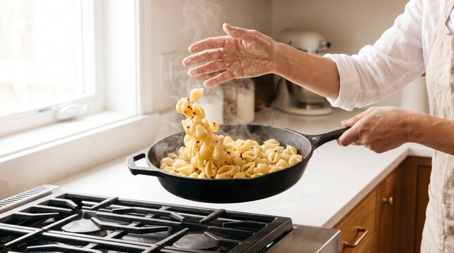 Dynamic cook catching pasta shells mid toss above steaming cast iron skillet