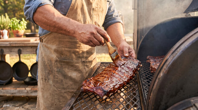 Focused pitmaster basting smoked barbecue ribs with sauce on wood grill
