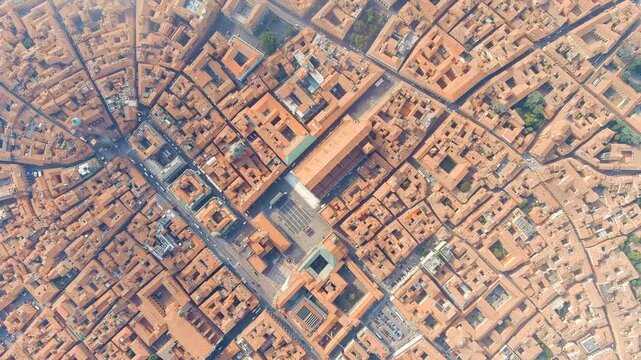 Bologna, Italy. Old Town. Basilica of San Petronio, Piazza Maggiore. Panoramic view of the city. Summer. Drone footage, HEAD OVER SHOT