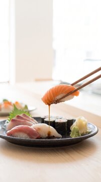 Elegant salmon nigiri sushi lifted by chopsticks with dripping soy sauce
