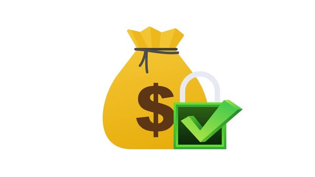 Money bag with secure payment lock icon animation