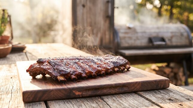 Smoked barbecue ribs rack plated on wooden board with rising steam and smoke