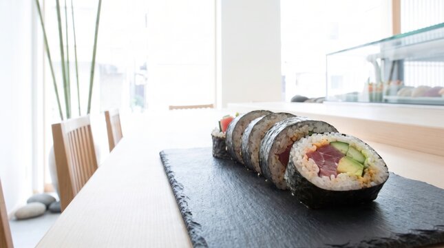 Sliced sushi maki roll with tuna and avocado on dark slate serving board