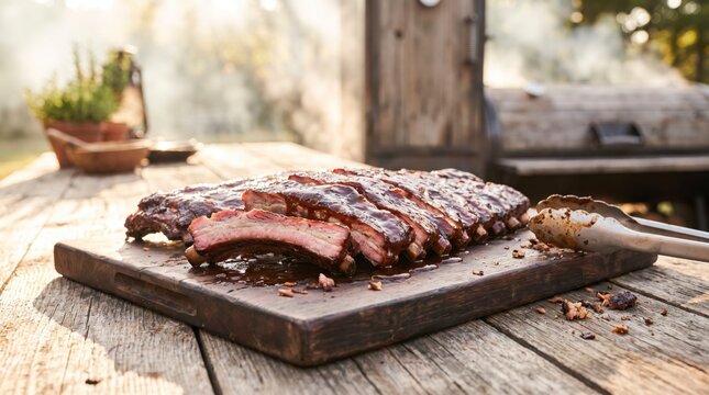 Sliced smoked barbecue ribs on wooden cutting board lifted with metal tongs