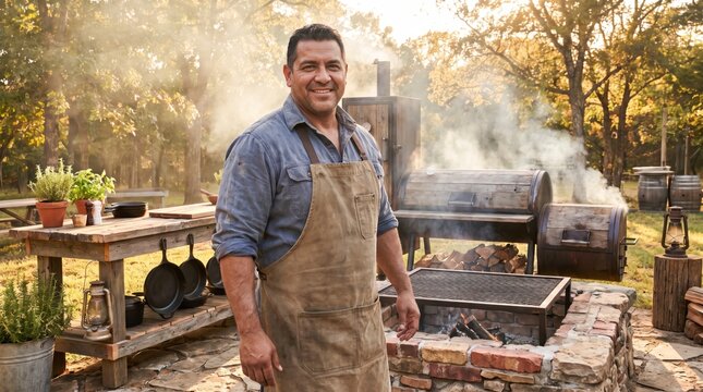 Confident pitmaster smiling beside outdoor wood barbecue smoker station