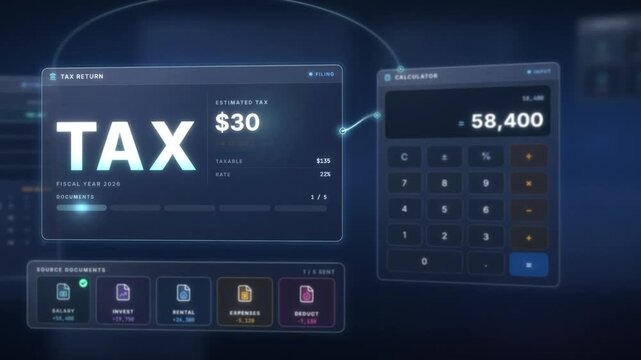 Tax return dashboard with calculator, income documents and finance report ending in return filed confirmation