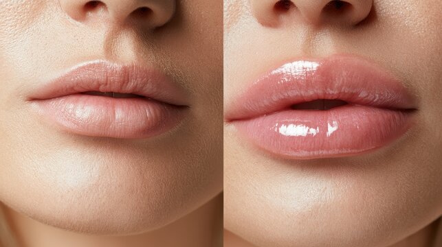 Beauty portrait: gentle lip fullness progression from natural to enhanced in a studio close-up