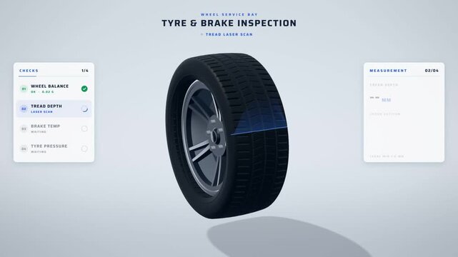 Tyre and brake inspection of a spinning 3D car wheel with balance, tread depth, brake heat and pressure checks