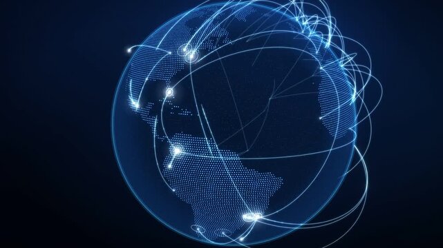 Global banking network on a rotating dotted globe transforming into a bank icon with verified security shields