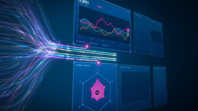 Data flow streams converging into a live analytics dashboard with radar chart, bar graphs and system load