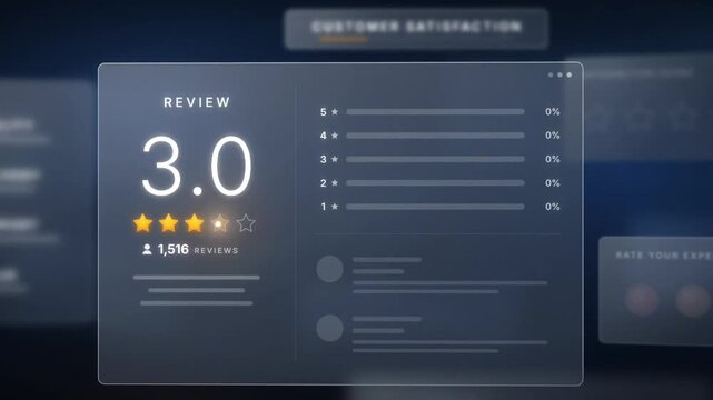 Customer satisfaction review with five star rating, emoji feedback scale and typed comment on glass panels