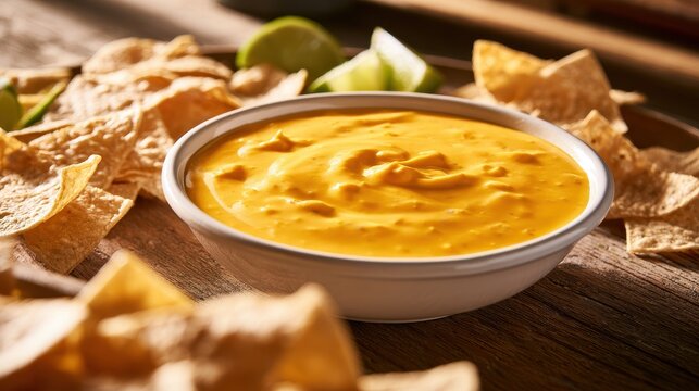 Close-up of warm queso dip with crunchy chips and lime slices on a sunlit kitchen table