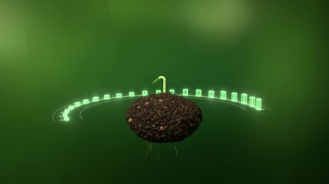 Plant sprouting from a floating soil clump inside a circular growth chart with upward arrow on green bokeh