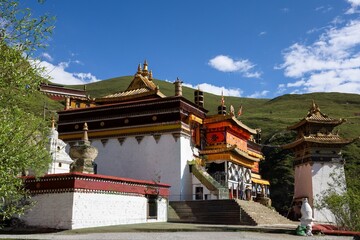 Obraz premium Lo Drowolung Monastery in Lhoka, Shannan, Tibet, a whitewashed Tibetan Buddhist temple with golden roofs and pagodas on a green Himalayan hillside.