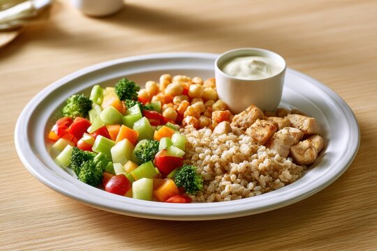 Balanced Meal Plate: Colorful Portions of Vegetables, Fruits, Grains, Protein, and Dairy