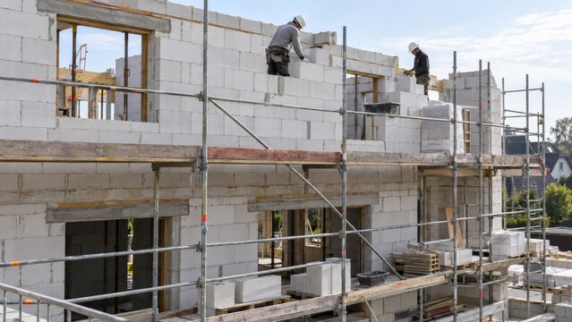 Construction workers build a house with concrete blocks in a residential area during daylight hours