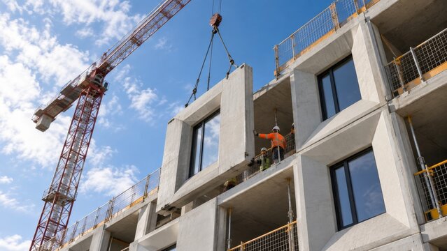 Construction workers lift a large concrete panel into place at a building site with a crane on a sunny day