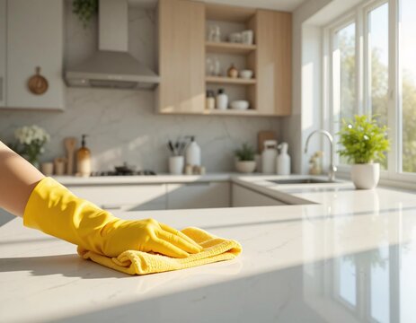 Hand in yellow rubber glove cleaning white kitchen counter, household chores concept.