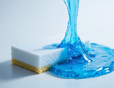 Blue liquid gel pouring onto cleaning sponge, dishwashing soap product concept.