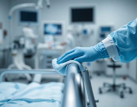 Professional disinfection in hospital room, gloved hand cleaning medical equipment.