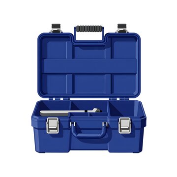 A blue plastic open toolbox with a single wrench inside isolated on white background.