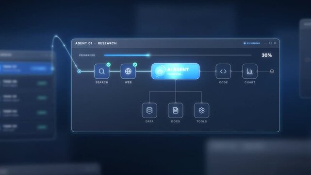 AI agent workflow interface, a queued task passes through research, review and delivery agents to completion