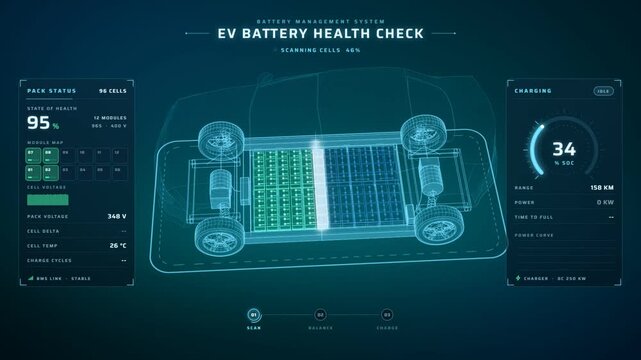 EV battery health check HUD, X-ray car scan finds a module imbalance, balances it and charges to 100%