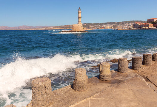 Venetian Lighthouse in Chania Harbor, Crete, Greece