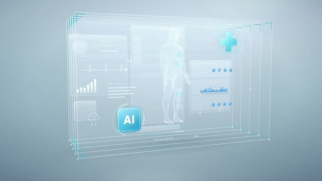 Medical AI hologram interface with a human body model separates into stacked layers and assembles again