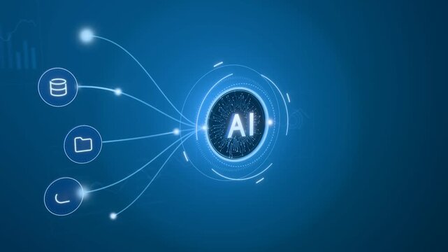 Glowing AI hub links data source icons to generated reports, charts and code through flowing light lines