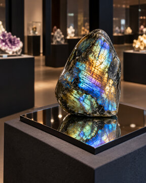 Polished labradorite standing on a reflective pedestal in a mineral gallery, showing intense blue, green and gold iridescence against softly blurred exhibits.