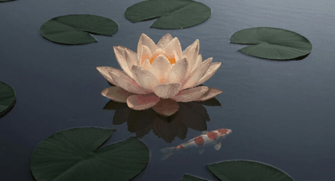 Beautiful pink lotus flower floating on calm dark water with lily pads and swimming koi fish vector illustration