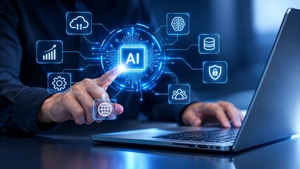Obraz premium Person hand touching futuristic artificial intelligence technology interface hologram, symbolizing advanced machine learning and global digital transformation