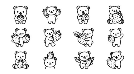 Fototapeta premium Cute cartoon bears holding strawberries in various poses.