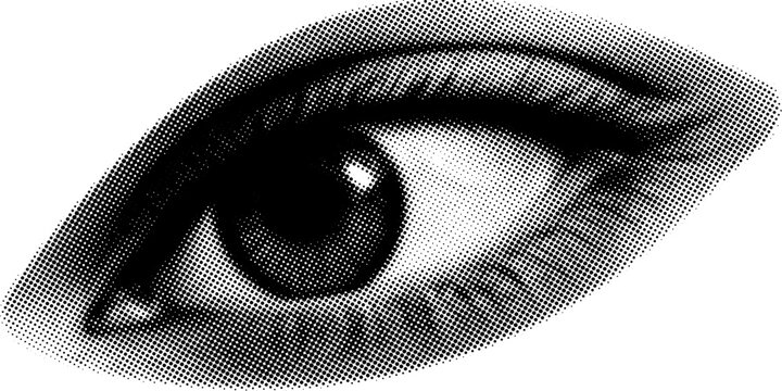 Human eye graphic mixed media design element, retro halftone collage eye vector illustration, dotted pop art style open human eye, vintage grunge punk art stencil.