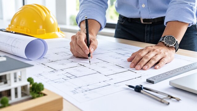 Architect working on architectural blueprints with drafting tools and building model, symbolizing structural design and engineering planning