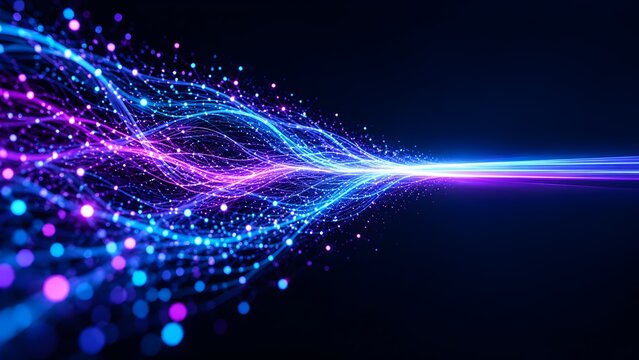 Fiber optic network concept with glowing digital light streams and particles converging into high speed data beam