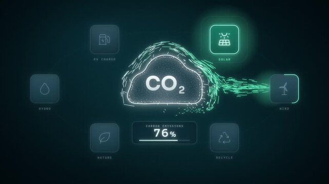 CO2 cloud dissolves into light streams that power clean energy icons until carbon emissions reach net zero