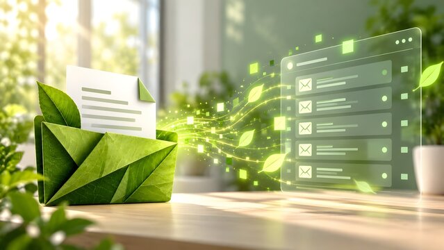 Sustainable paperless office concept with green leaf envelope transferring digital documents into transparent email interface