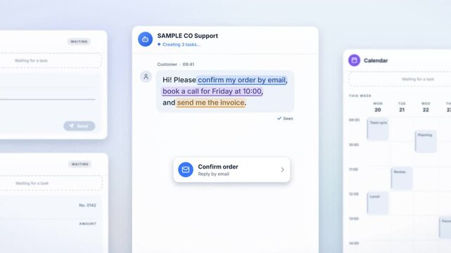 AI customer support chat splits one request into email, calendar booking and invoice tasks, all completed