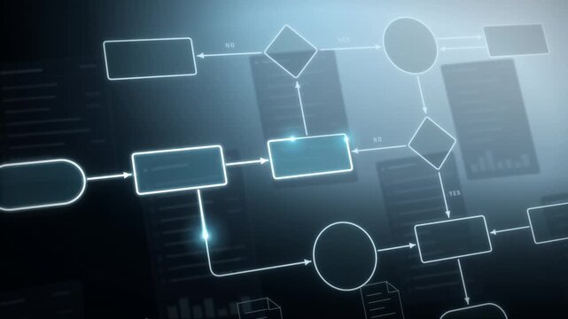 Glowing process flowchart draws itself as a light pulse travels through decision steps to the end point