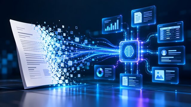 Artificial intelligence document processing concept with physical paper converting into glowing digital dashboard data and microchip network