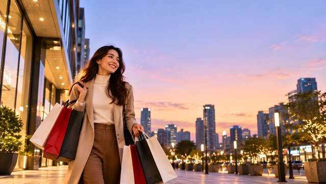 Happy Woman Shopping in City at Sunset