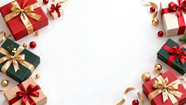 Christmas Gift Boxes Frame on White Background