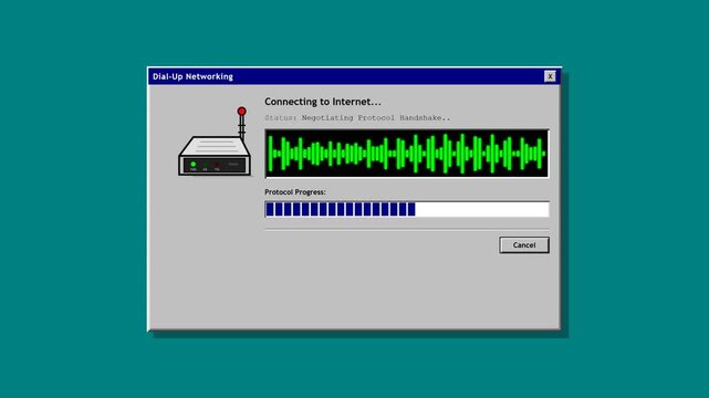 Retro internet loading windows with modem and waveform graphics