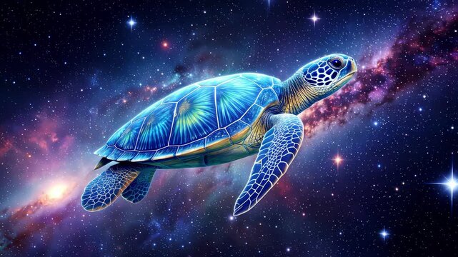 Majestic sea turtle swimming through deep space nebula. Surreal cosmic voyage across starry galaxy background. Panning and tilting camera movement.