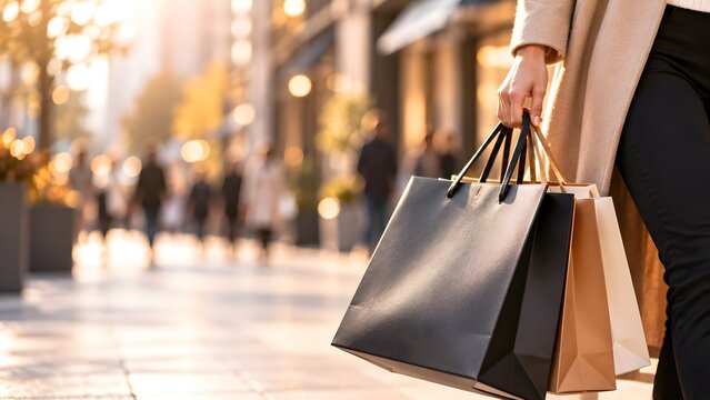 Woman Holding Shopping Bags on City Street