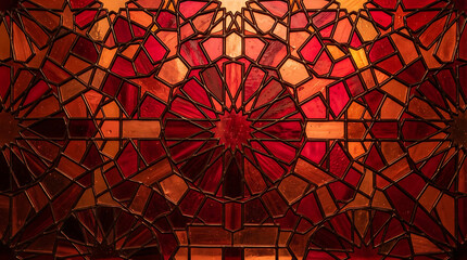 Obraz premium Intricate stained glass window in shades of red and orange with gothic details