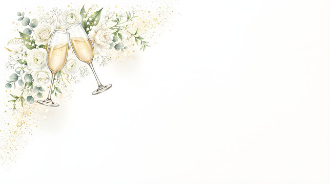 Elegant champagne glasses, white flowers and tiny golden sparkles arranged in the upper left corner, sophisticated wedding celebration illustration, pure white background, no text.