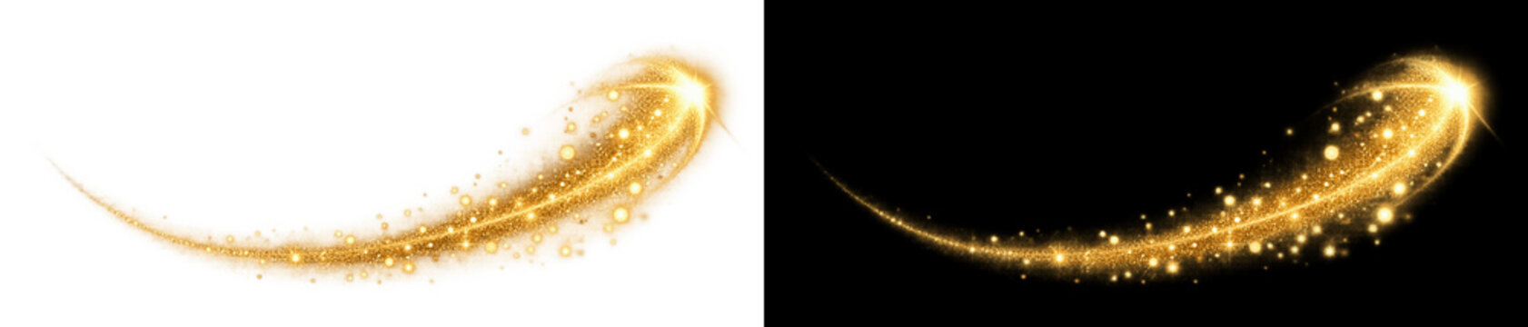 Gold glitter magic light trail with glowing sparkles and stars, swirling comet dust effect on transparent background for festive holiday celebration, luxury branding, or creative graphic design